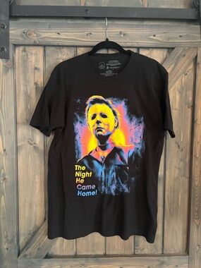 Black Graphic “Halloween” Tee with Neon Michael Myers Horror Portrait